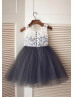 Ivory Lace Dark Gray Tulle Knee Length Flower Girl Dress